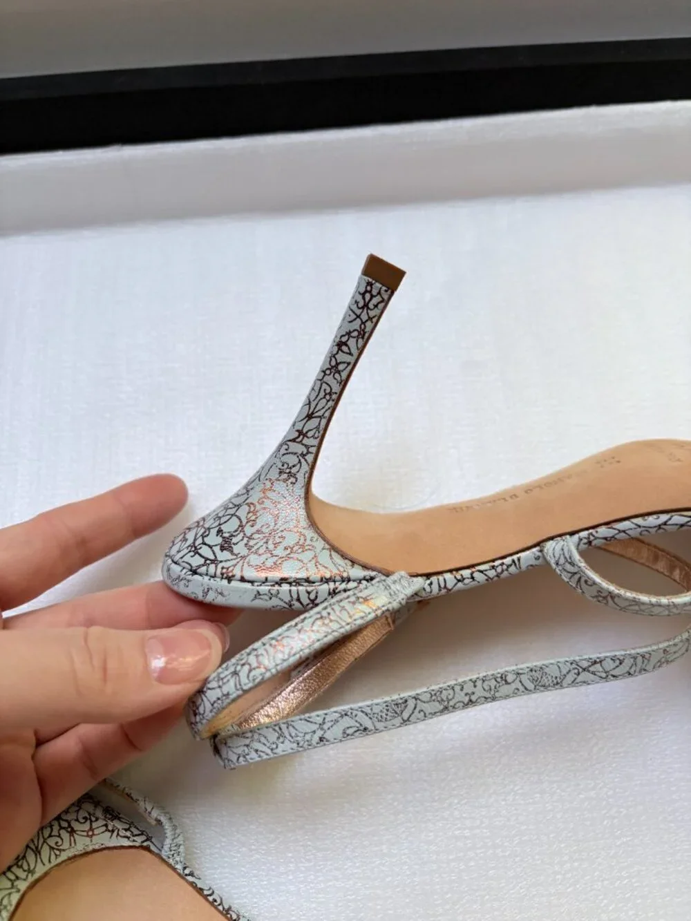 Manolo Blahnik Blue Gold Filigree Leather Strappy Heels EU 36